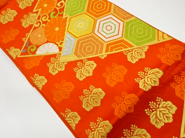 リサイクル　亀甲に菊唐草・桐模様織出し袋帯